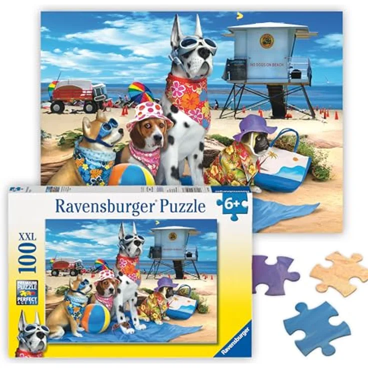 Ravensburger No Dogs on the Beach, Puzzle mit Hunden, 100 XXL Teile für kreative Familienunterhaltung