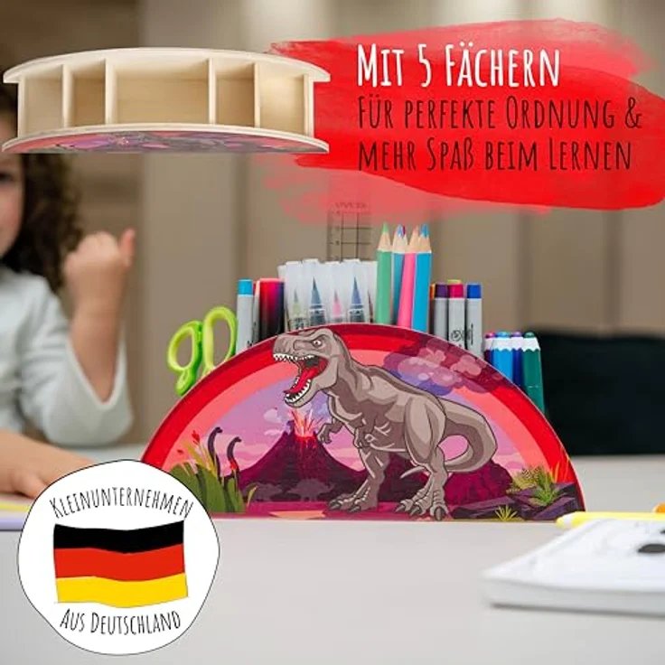 WAGOMA® Stiftehalter Kinder Dinosaurier [5 Fächer] | Robuster Schreibtisch Organizer mit buntem Dino-Motiv | Ideal für Ordnung im Kinderzimmer – Bild 3