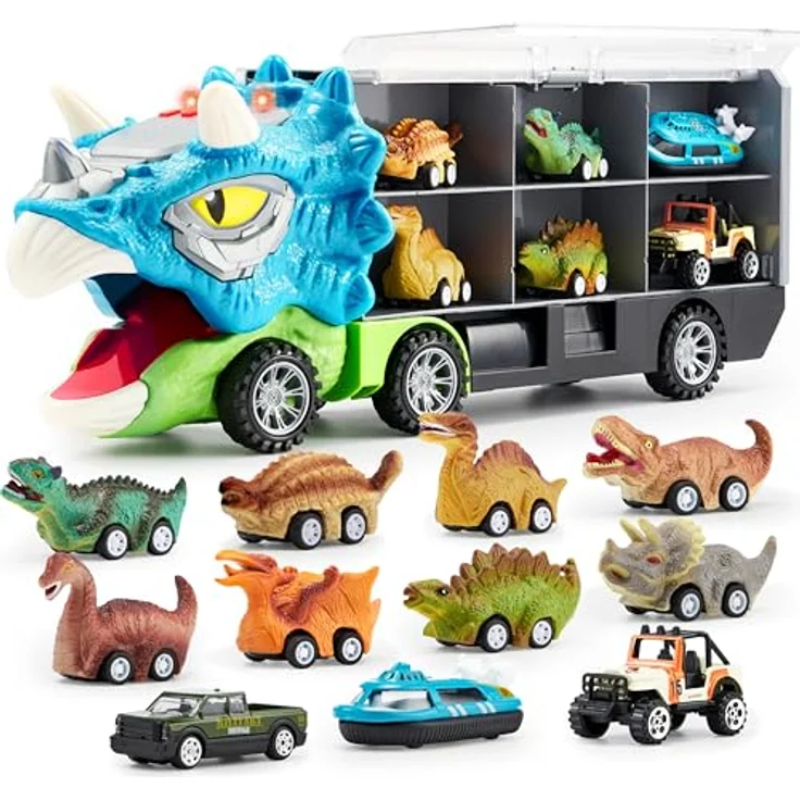 JOYIN 13-in-1 Dinosaurier-Transportwagen mit Sound und Lichtern, inkl. 12 Mini-Dino-Autos und Hubschrauber, Spielzeug für Kinder 3–5 Jahre – Bild 1