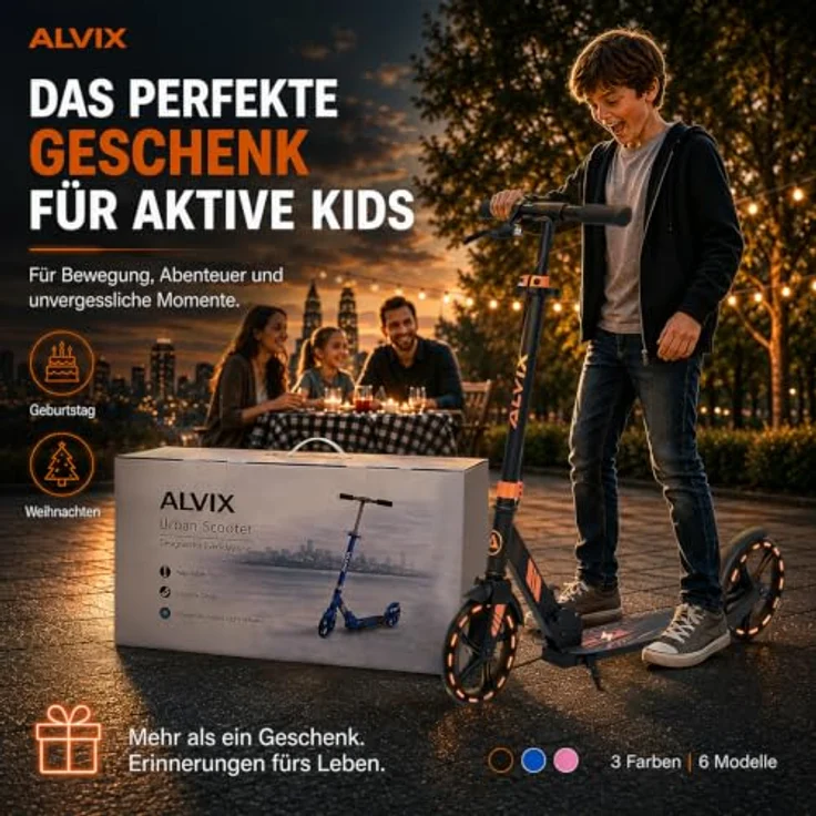 ALVIX Cityroller Kinderroller K-Serie, faltbar mit Handbremse, 200-mm-LED-Rädern, breites 120-mm-Deck, Tragegurt, für Kinder ab 6 Jahren – Bild 8