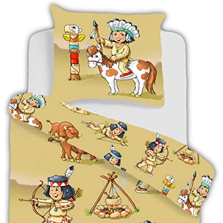 ESPiCO Bettwäsche Sleep and Dream Indianer Federn Wigwam Marterpfahl Lagerfeuer Pfeil Bogen Bison Renforcé, 135x200 cm, 100% Baumwolle, hochwertiger Digitaldruck, Indianer-Motive, atmungsaktiv – Bild 3