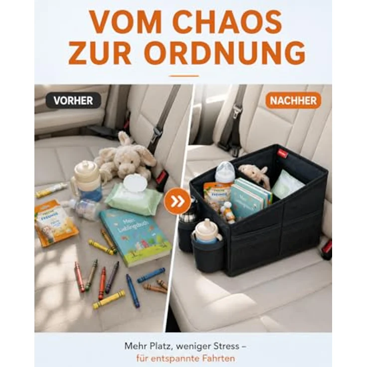WOCVRYY Autositz Organizer für Kinder, 3 große Fächer, 8 Netztaschen, 2 Getränkehalter, wasserdichtes Oxford-Gewebe, rutschfest, Gurtbefestigung – Bild 3