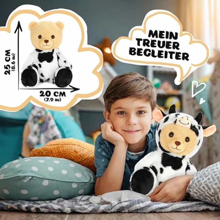 BRUBIES Teddy Kuh - 25 cm Teddybär im Kuhkostüm mit abnehmbarer Kapuze - Extra weiches Plüschmaterial - Pflegeleicht - Kuscheltier Geschenk für Kinder – Bild 5