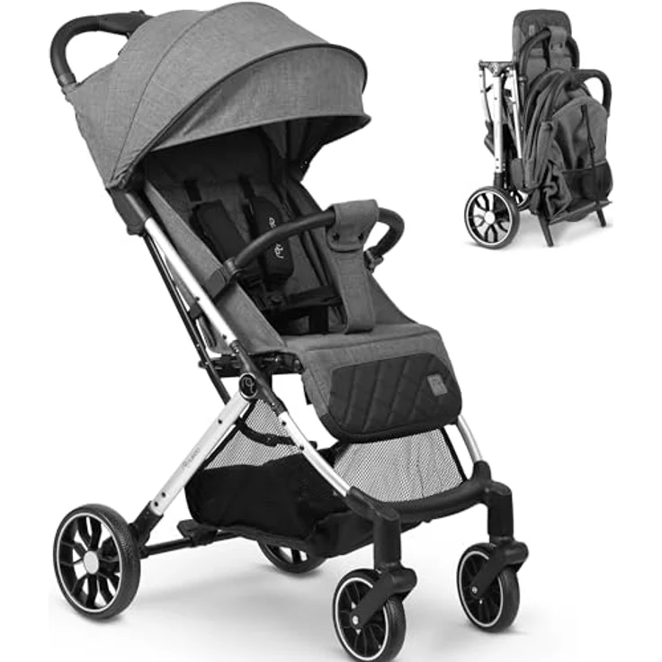 Nukido Buggy Kinderwagen, zusammenklappbar mit großen 360°-Rädern, verstellbare Rückenlehne, bis 15 kg, dunkelgrau – Bild 1