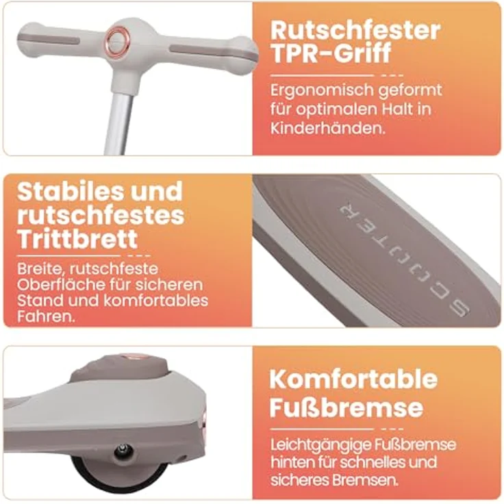 Habib Gruppe Kinderroller Tretroller 3-Rad mit LED Front- und Rücklicht, Höhenverstellbar, rutschfest, faltbar, pannensicher für Kinder (3-10 Jahre), Braun – Bild 4