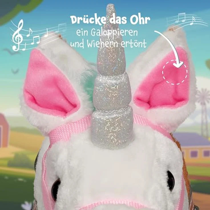 Pink Papaya Steckenpferd Rainbow, süßes Spielzeug Pferd aus Stoff mit Soundfunktion: Gewieher und Galoppgeräusch, handgefertigt – Bild 4