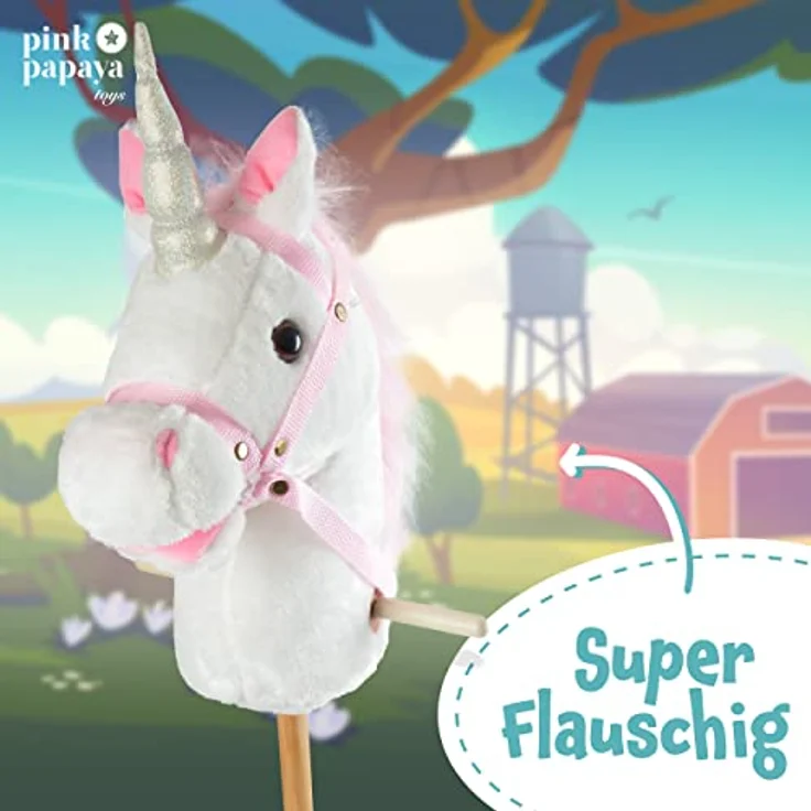 Pink Papaya Steckenpferd Einhorn Mandy, Plüschspielzeug mit Soundfunktion: Gewieher und Galoppgeräusch, Farbe: weiß mit rosa Mähne – Bild 5
