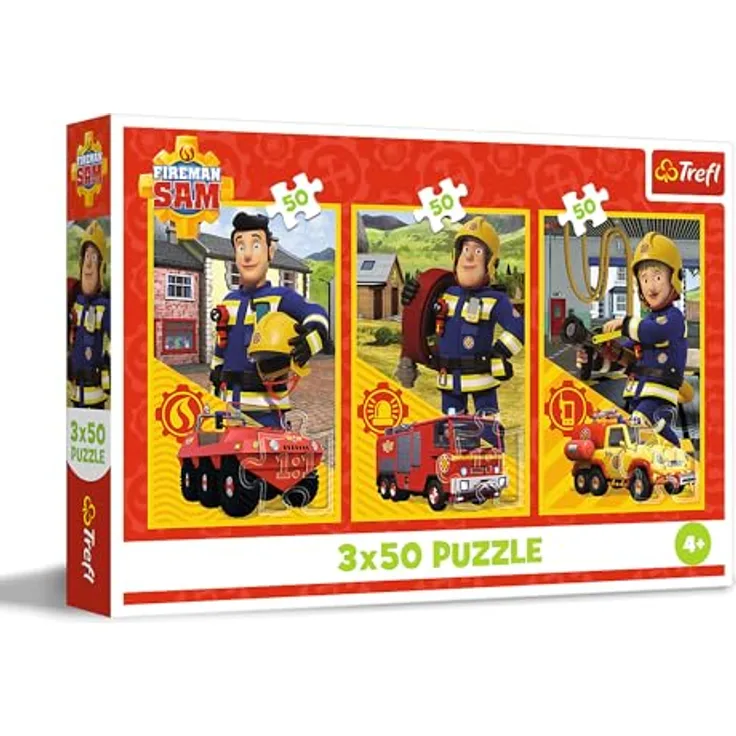 Trefl 3in1 Puzzle: Feuerwehrmann Sam, Das Team der Feuerwache - 3 x 50 Teile für Kinder ab 4 Jahren, leuchtende Farben und freundliche Illustrationen