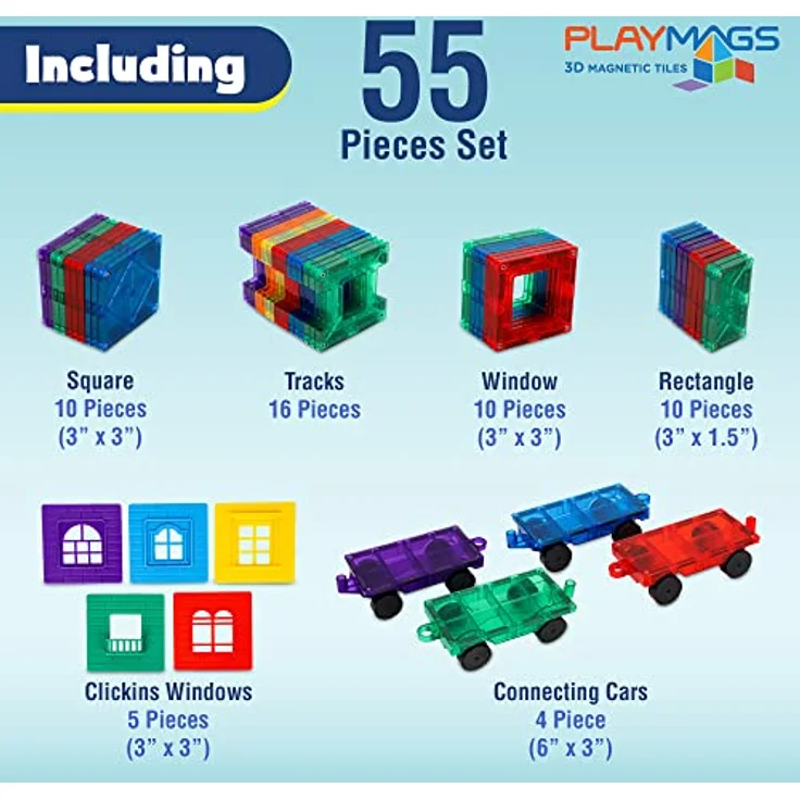 Playmags 3D Magnetische Blöcke Für Kinder - Magnetische Bausteine STEM Toys, Robuste, Super Haltbare Magnetfliesen Mit Lebendigen Klaren Farbfliesen Mit 4 Autos (50-Teiliges Set Mit 4 Autos) – Bild 4