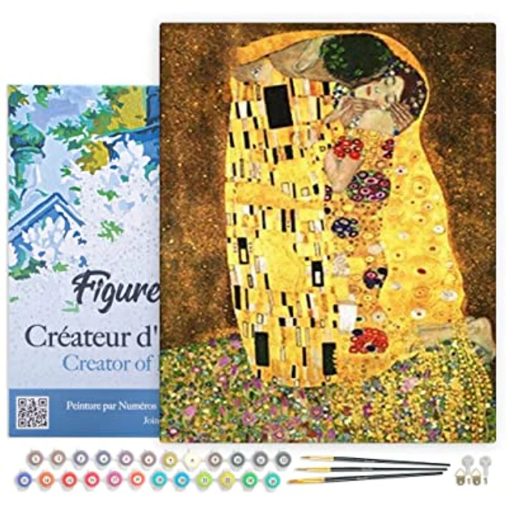 Figured'Art Malen Nach Zahlen Erwachsene Mit Rahmen Klimt - Der Kuss - Paint by Numbers Basteln DIY Bastelset 40x50cm Leinwand gespannt auf Holzrahmen – Bild 1