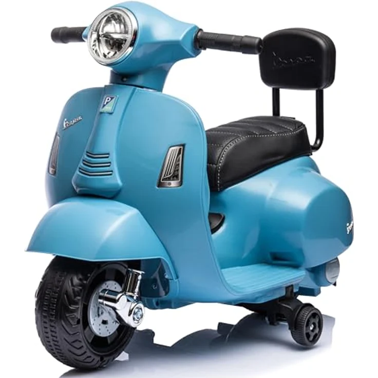 Sun Baby Vespa Elektro Motorrad für Kinder ab 18 Monaten, Blau mit Rückenlehne, Hupe, Gaspedal, Beleuchtung, Seitenrädern – Bild 1