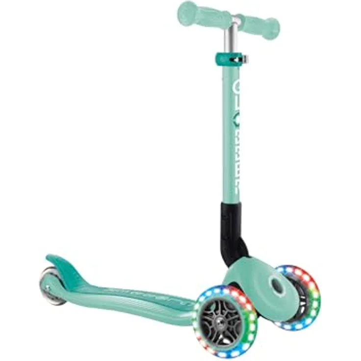 GLOBBER JUNIOR FOLDABLE LIGHTS, 3-rädriger Tretroller mit LED-Leuchtrollen, ABEC 9, klappbar, mint