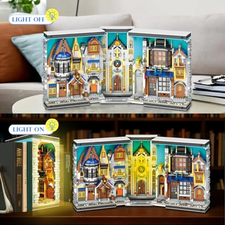 Reobrix Mittelalterliche Architektur Buchstütze Bausatz 66026, mit LED-Licht, 2687 Teile, DIY Dekoration für Bücherregal und Miniaturstadt-Modell – Bild 3