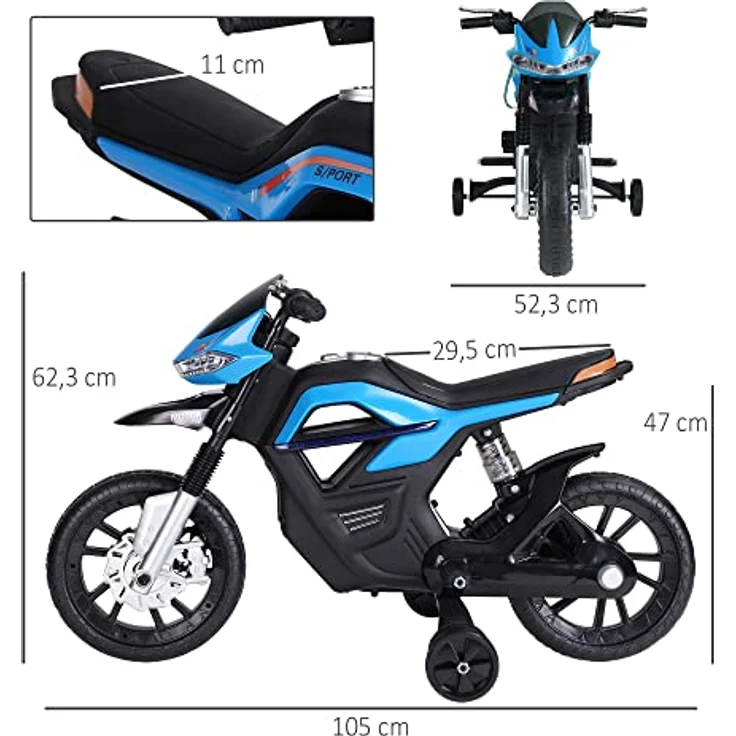 HOMCOM Kindermotorrad Kinder-Elektromotorrad Elektro-Motorrad für Kinder 3-6 Jahren Licht Musik MP3 Elektrofahrzeug mit Stützrädern maximal 3 km/h Metall + Kunststoff Blau 105 x 52,3 x 62,3 cm – Bild 3
