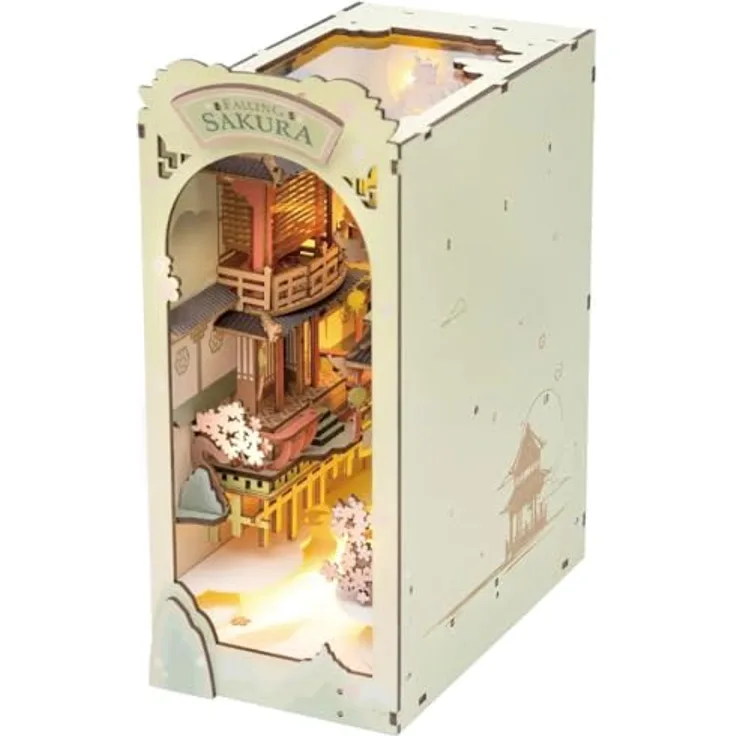 Robotime Falling Sakura 3D Puzzle, Holz Booknook DIY mit LED-Beleuchtung, Puzzleteile für 4-6 Stunden Zusammenbauzeit