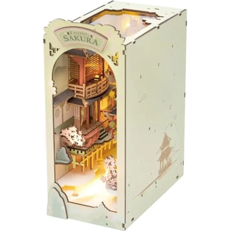 Robotime Falling Sakura 3D Puzzle, Holz Booknook DIY mit LED-Beleuchtung, Puzzleteile für 4-6 Stunden Zusammenbauzeit – Bild 1