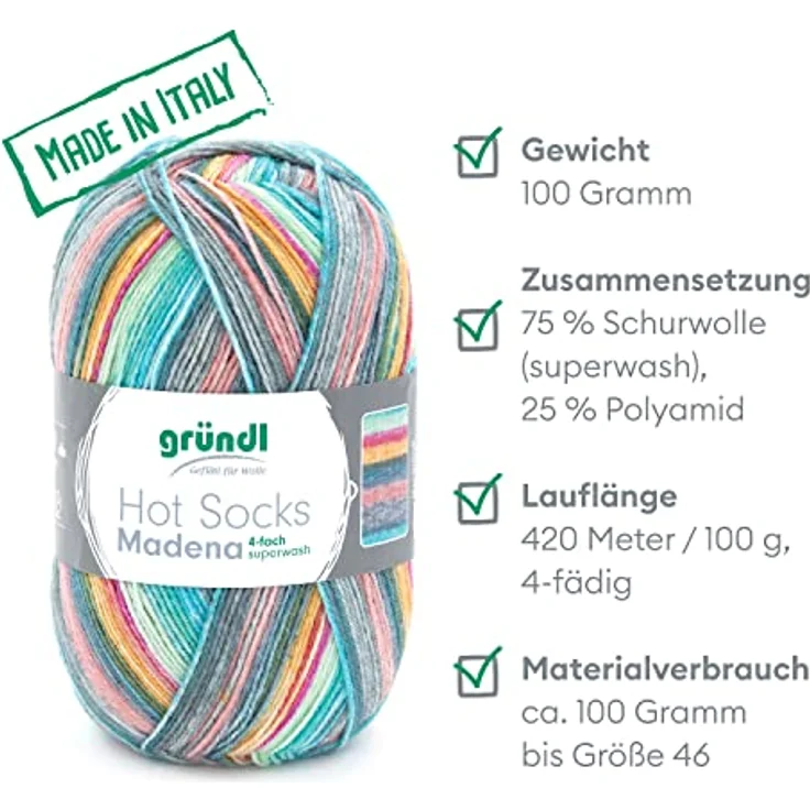 Gründl Hot Socks Madena (Sockenwolle aus 75 % Schurwolle (superwash) und 25 % Polyamid, Made in Italy, 4-fach Sockengarn, 100 g / 420 m, Nadelstärke: 2,5 mm - 3 mm, 1 x 100 g), soft ice-mix – Bild 2