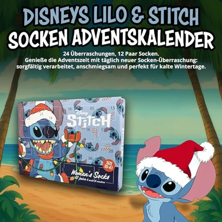 United Labels Disney Lilo & Stitch Adventskalender, 12 Paar Socken für Damen in Größe 35-41, mit Sneakersocken und langen Socken, offizielles Merchandise, Weihnachtsgeschenk – Bild 2