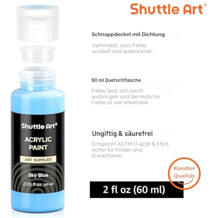Shuttle Art Acrylfarben Set 36 Farben in 60ml Flaschen mit 12 Pinseln & 1 Palette, ungiftig, wasserfest, vielseitig für Leinwand, Holz, Stein – Bild 3