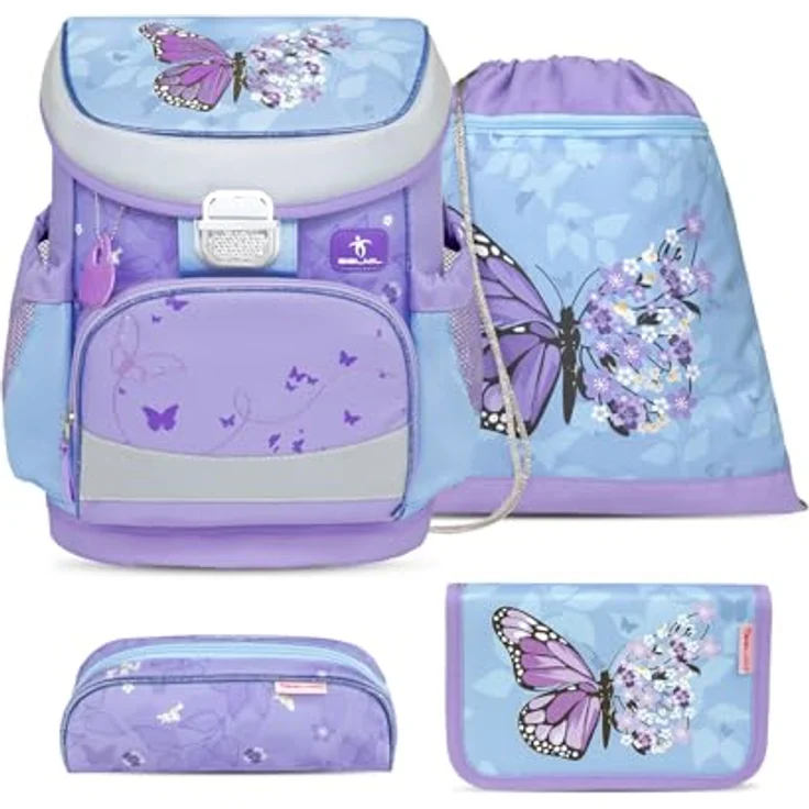 Belmil Mini-Fit Schulranzen Set 4 -teilig (405-33/AG/S) (Purple Blue Butterfly), Ergonomisches Schulranzen-Set für die Grundschule 1. - 2. Klasse, leicht und wasserdicht, mit reflektierenden Elementen – Bild 1