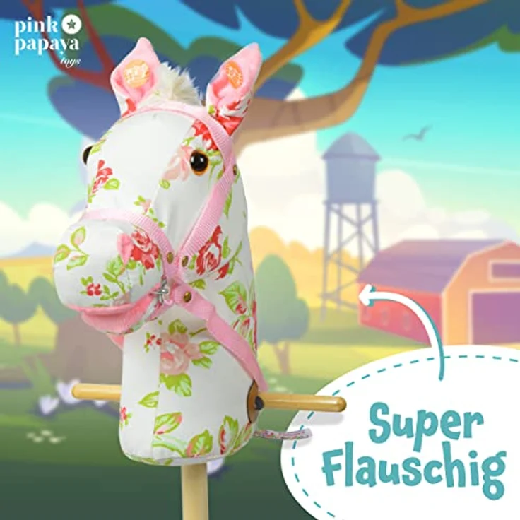Pink Papaya Steckenpferd, Flower, süßes Spielzeug Pferd aus Stoff mit Sound Funktion: Gewieher und Galoppgeräusch - Farbe: Blumenmuster mit weißer Mähne – Bild 5