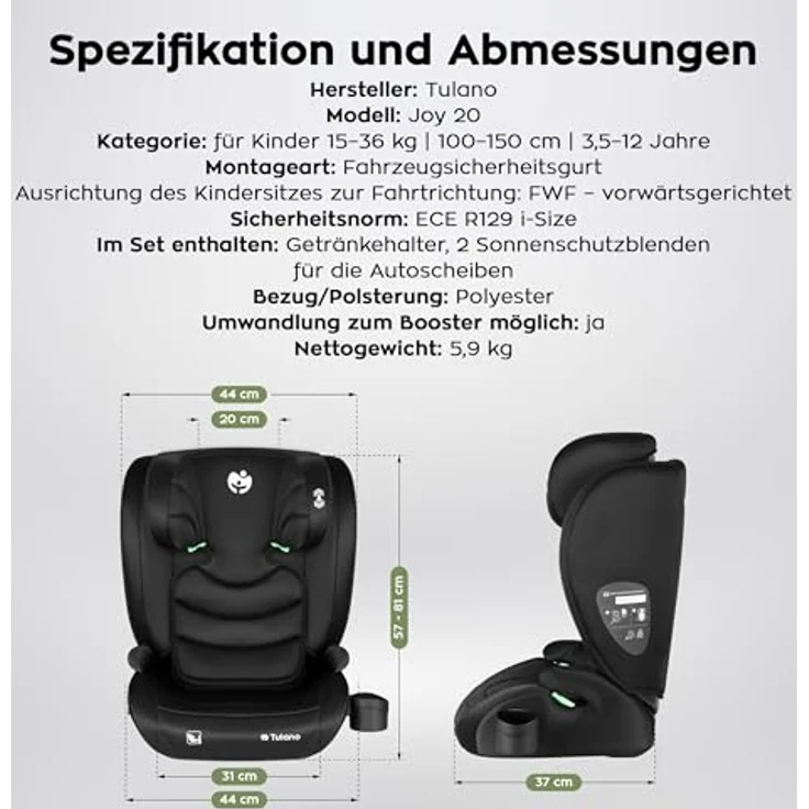 Tulano Joy 20, Kindersitz Schwarz mit ECE R129/03 i-Size Zulassung, 13-fach verstellbare Kopfstütze und Getränkehalter – Bild 7