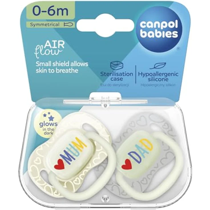 Canpol babies Silikon Schnuller LoveMum&Dad, symmetrisch, hypoallergen, 2 St., mit Sterilisationsetui, 0-6 Monate, leuchtet im Dunkeln – Bild 4