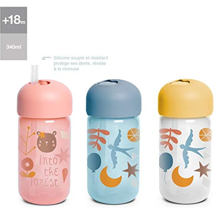 Suavinex 401207 Trinkbecher Baby Training Cup, auslaufsicher mit flexiblem Silikonstrohhalm, Tropfschutz, Waldfarbe Gelb, 340 ml, ab 18 Monaten – Bild 4
