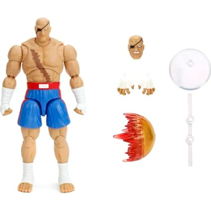 Jada Toys Street Fighter Figur Sagat, 19 cm bewegliche Actionfigur mit alternativem Kopf, Händen und Zubehör, ab 13 Jahre