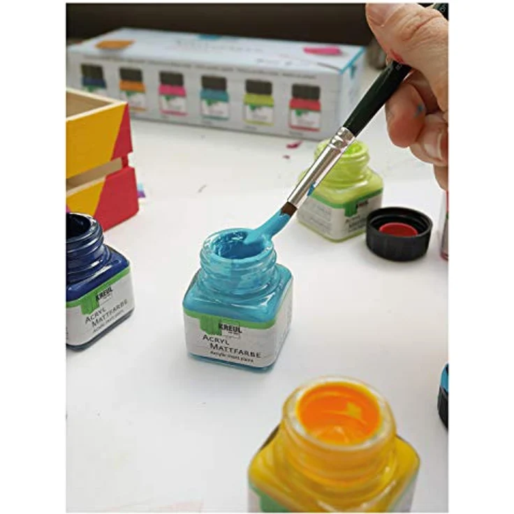 KREUL 75601 Acryl Mattfarben Color Living Set, 6 leuchtend matte Farben in dunkelblau, goldgelb, pink, türkis, lemon und karmin, schnelltrocknend, wasserbasis, inkl. Pinsel – Bild 3