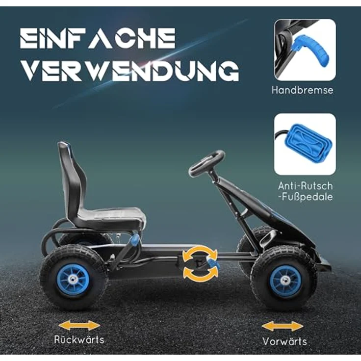 HOMCOM Gokart, Kinderfahrzeug mit verstellbarem Sitz, Tretauto mit Gummireifen, Pedal und Handbremse, Kettcar für Kinder ab 5 Jahren, Outdoor, Blau+Schwarz – Bild 5
