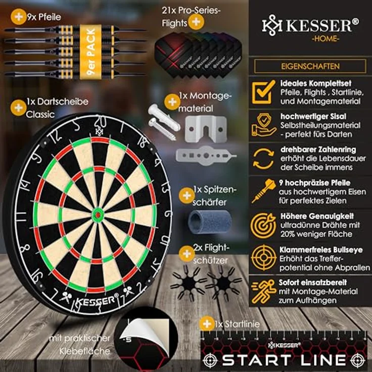KESSER® Dartscheibe kork mit 9 Dartpfeile Professional Dartboard + 21 Pro Flights + Zubehör Steeldart Offizielles Dartscheibe 9 Pfeilen Metallspitze Profi Steeldartscheibe - Dartboard inkl. Montageset Classic – Bild 3