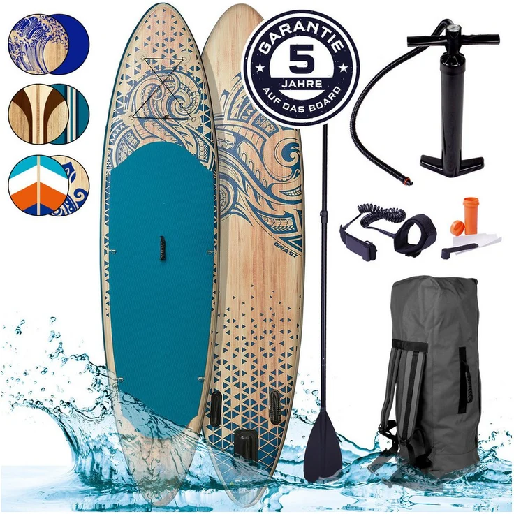 BRAST SUP-Board Tribal Ocean Sixties & Turtle, Aufblasbares Stand up Paddle Set, (320x81x15cm), inkl. Zubehör, 5 Jahre Garantie, blau – Bild 1