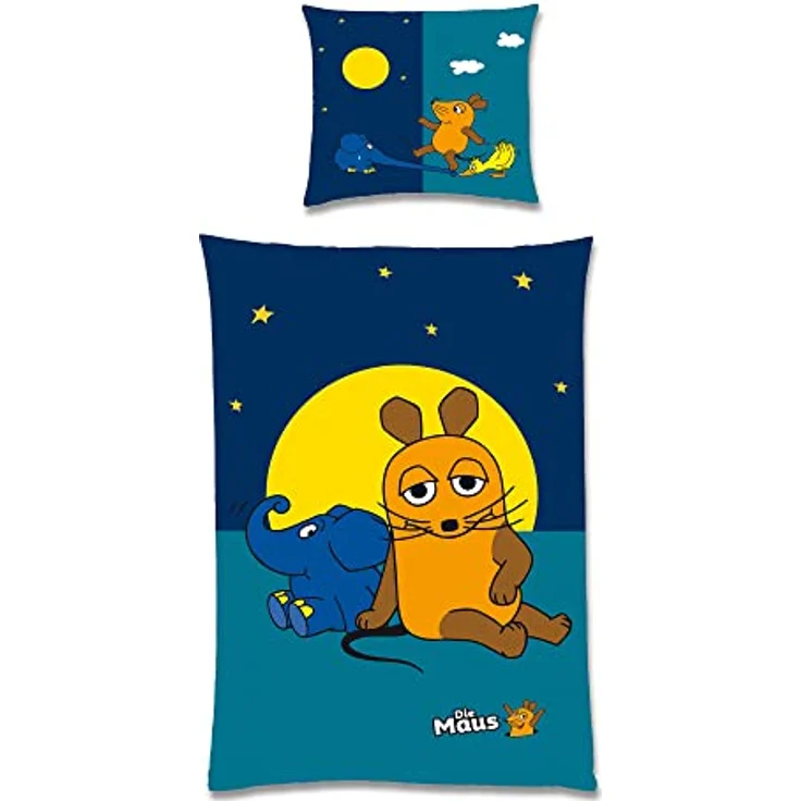 BERONAGE Die Sendung mit der Maus Kinder-Bettwäsche Night Blau 135 x 200 + 80 x 80 100% Baumwolle Renforcé-Linon-Qualität Sterne Ente Elefant Mond Wende-Bettwäsche mit Reißverschluss deutsche Größe – Bild 2