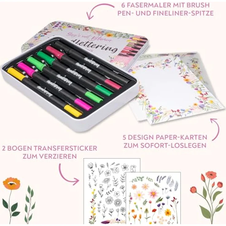 Topp Faserstift Handlettering Designdose Brush Pens Sag's mit Blum, 13 Teile - Kreative Handlettering-Metalldose mit 6 Brush Pens und Transferstickern in tollem Design – Bild 3