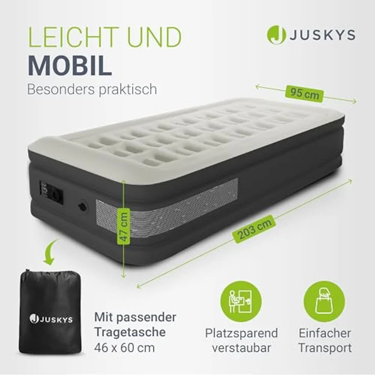 Juskys Luftmatratze Sapri, Einzel-Luftbett, selbstaufblasend, wasserdicht, inkl. Pumpe, Tasche, Grau, Anthrazit – Bild 5