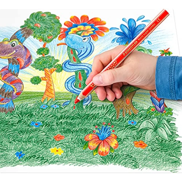 STAEDTLER Buntstift Noris super jumbo, erhöhte Bruchfestigkeit, Sechskantform, ABS-System, attraktive Sternchenprägung, Set mit 12 brillanten Farben und einem Spitzer, 129 NC12P1, 12 Stück (1er Pack) – Bild 4