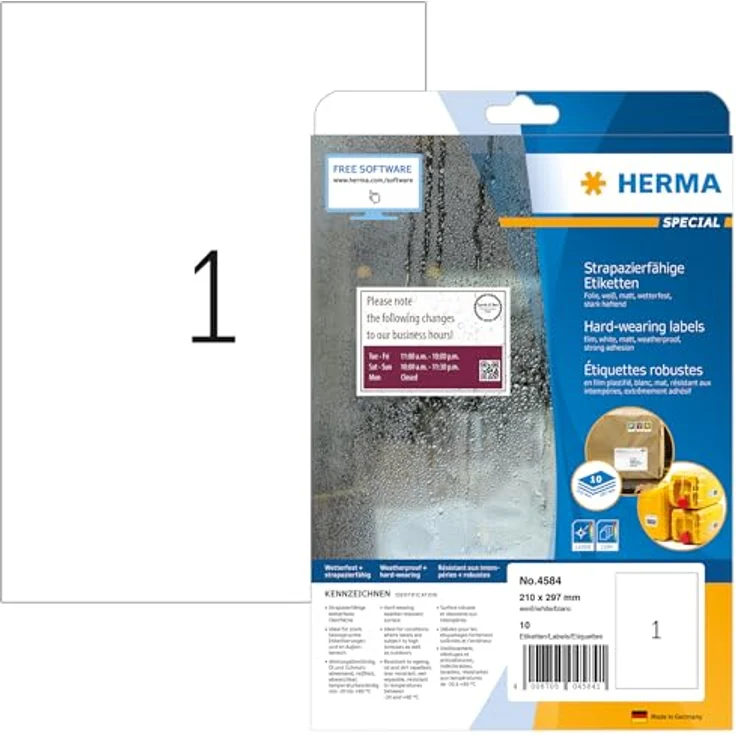 HERMA 10 wetterfeste Folienetiketten 4584 weiß, 210 x 297 mm, selbstklebend, temperaturbeständig, wasserabwaschbar, reißfest – Bild 1