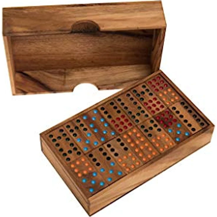 ROMBOL Domino, Doppel 9, Dominospiel aus Samena-Holz für 2 bis 6 Personen, mit farbig ausgelegten Farbpunkten, 56 Steine, Familien- und Gesellschaftsspiel – Bild 2