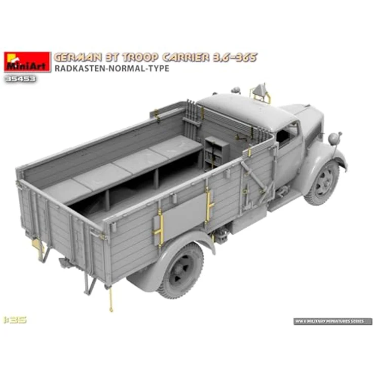 Mini Art Miniart 1:35 - German 3T Truck 3,6-36S Radkasten Normal Type, detaillierter Modellbausatz mit Truppenbänken für Wehrmacht-Transporter – Bild 16