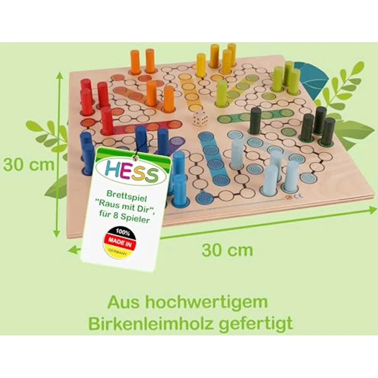 Hess Holzspielzeug 14849 - Brettspiel "Raus mit Dir" aus Holz, inklusive Würfel und Spiel-Steinen, handgefertigt, für bis zu 8 Personen, unterhaltsamer Spielspaß für Klein und Groß – Bild 4