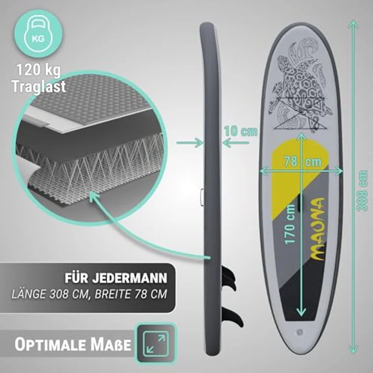 HAGO Stand Up Paddle-Board, grau, 308 cm lang, Komplettset mit Alu-Paddel, Luftpumpe, Tragetasche, 120 kg Tragkraft – Bild 4
