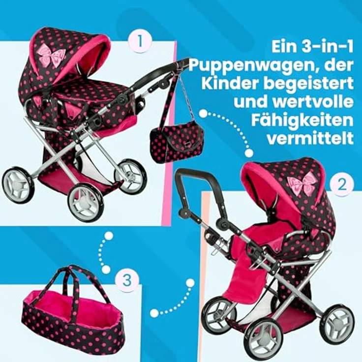 Kinderplay Kinderwagen Spielzeug - 3 in 1 Puppenwagen mit Tragetasche, Höhenverstellbar 34.5 cm bis 64 cm, KP0200G, in Grün – Bild 2