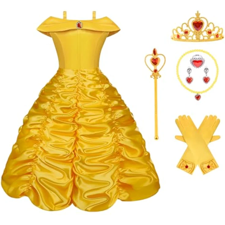 Vicloon Prinzessin Kostüm Mädchen, 9-teiliges Belle Tutu Kleid mit Handschuhen, Diadem, Zauberstab und Halskette für 3-9 Jahre, rosa – Bild 1