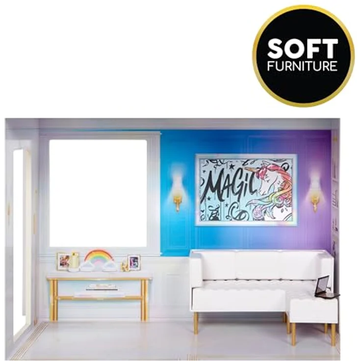 Rainbow High Townhouse - 3-Stöckiges Holzpuppenhaus mit 5 Bunten Zimmern & Terrasse - Komplett Eingerichtetes Haus mit Funktionierendem Lift und Zubehör - Spielzeug für Kinder von 4 bis 12+ Jahren – Bild 5