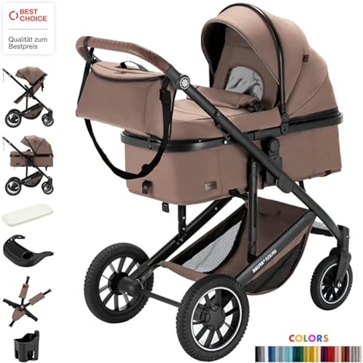 Daliya FLEXI-PRO M 2in1 Kombikinderwagen, leicher klappbarer Buggy mit Liegefunktion, höhenverstellbar, großem Einkaufskorb und Wetterschutz, Beige-Rosa Leinen – Bild 2