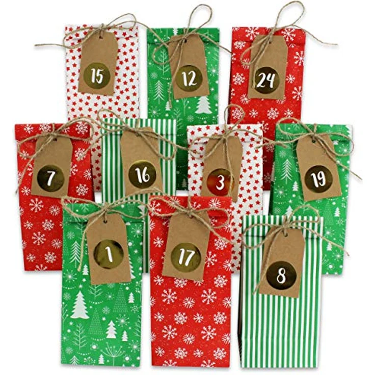 Papierdrachen Adventskalender 2025, DIY Weihnachtskalender zum Befüllen mit 24 bedruckten Geschenktüten in Rot und Grün, inklusive Zahlenaufkleber & Klammern, wiederverwendbar – Bild 1