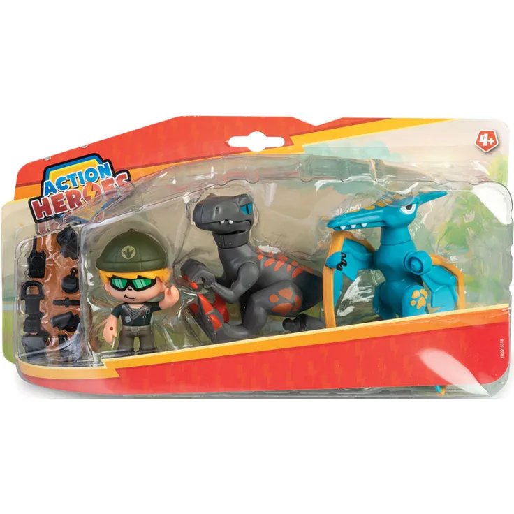 Merkloos Action Heroes Spielfiguren-Set, Dino-Abenteuer mit Velociraptor, Pterodactylus und Entdecker-Figur, 12 cm Höhe