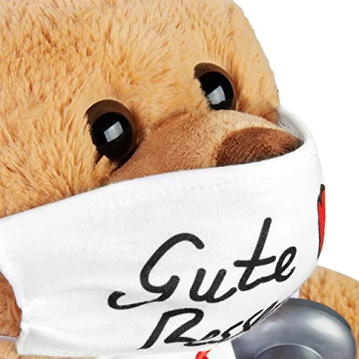 BRUBAKER Teddy Plüschbär mit Mundschutz und Stethoskop - Gute Besserung - 35 cm - Teddybär mit Arzt Shirt Weiß - Braun Hellbraun - Preisvergleich – Bild 3