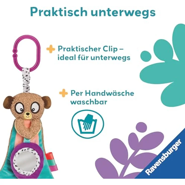 Ravensburger Greifspielzeug Play+ Knister-Erdmännchen, interaktives Spielzeug mit Knistern und Spiegel, 100% Silikon Beißhilfe – Bild 5